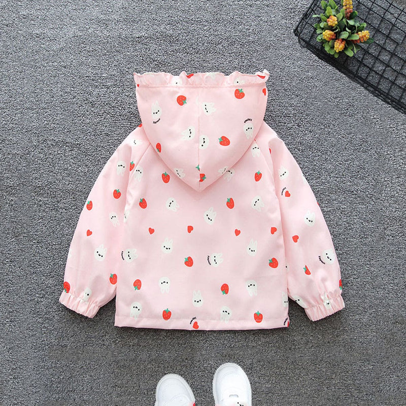 Girls Pink Strawberry Print Long Sleeve Hooded Jackets Coats & Jackets   