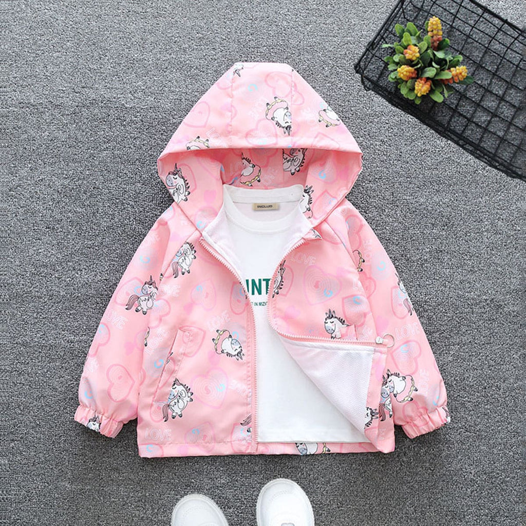 Girls Pink All Over Printed Front Open Hooded Fashion Jacket Coats & Jackets Pink 1-2 Y 