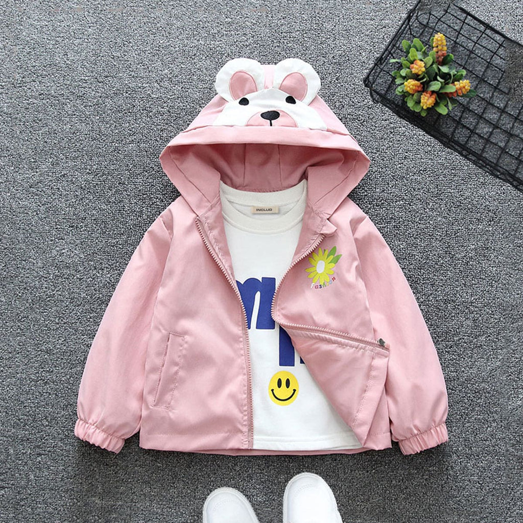 Girls Pink Twin Bear Hooded Front Open Cute Trendy Jacket Coats & Jackets Pink 1-2 Y 