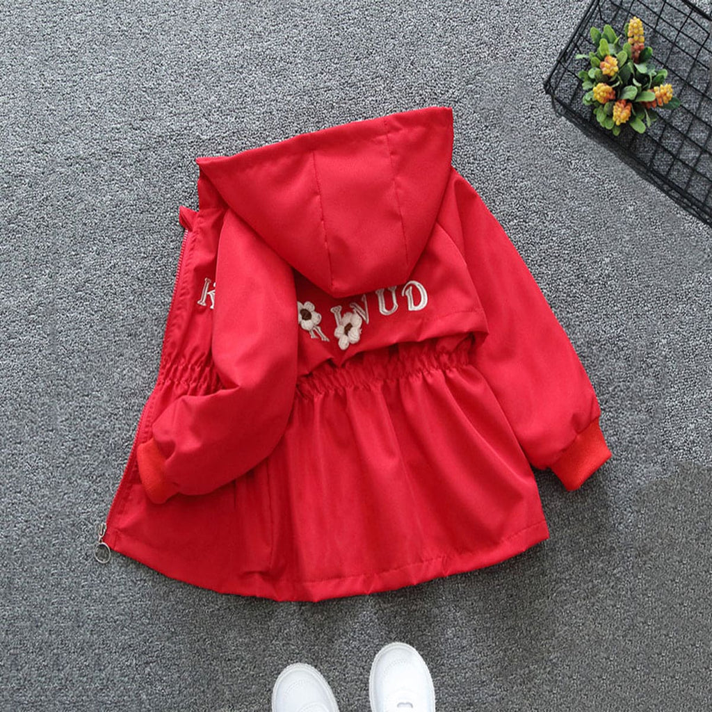 Girls Red Flower Applique Hooded Long Sleeve Jacket Coats & Jackets   