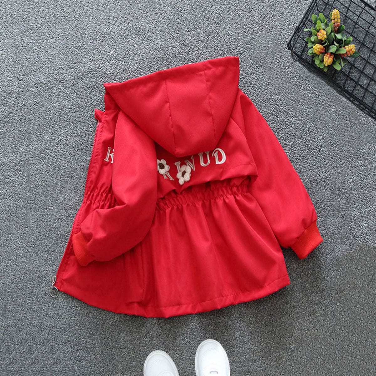 Girls Red Flower Applique Hooded Long Sleeve Jacket Coats & Jackets   