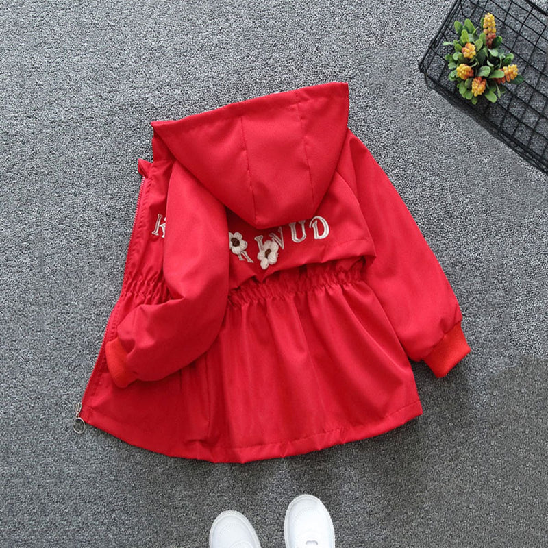 Girls Red Flower Applique Hooded Long Sleeve Jacket Coats & Jackets   