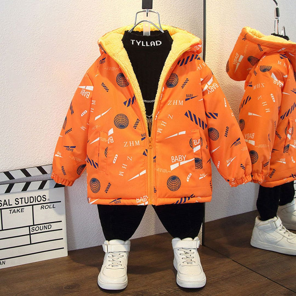 Boys Orange Printed Hooded Fleece Lined Jacket Coats & Jackets Orange 1-2 Y 