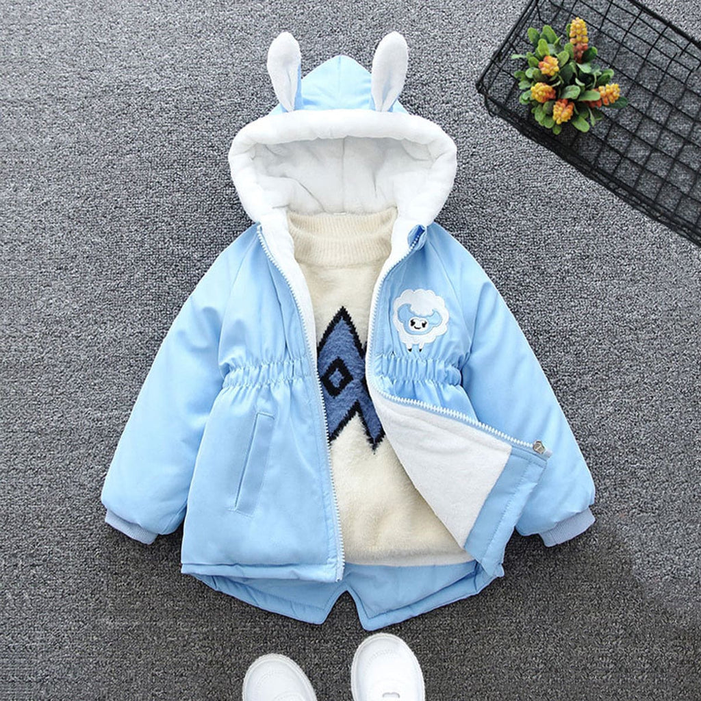 Girls Blue Little Sheep Applique Hooded Jacket With Fleece Lining Coats & Jackets Blue 1-2 Y 