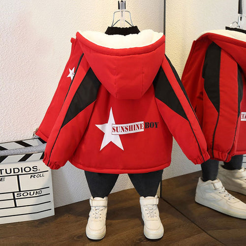 Boys Red Hooded Star Print Fleece Lined Jacket Coats & Jackets   