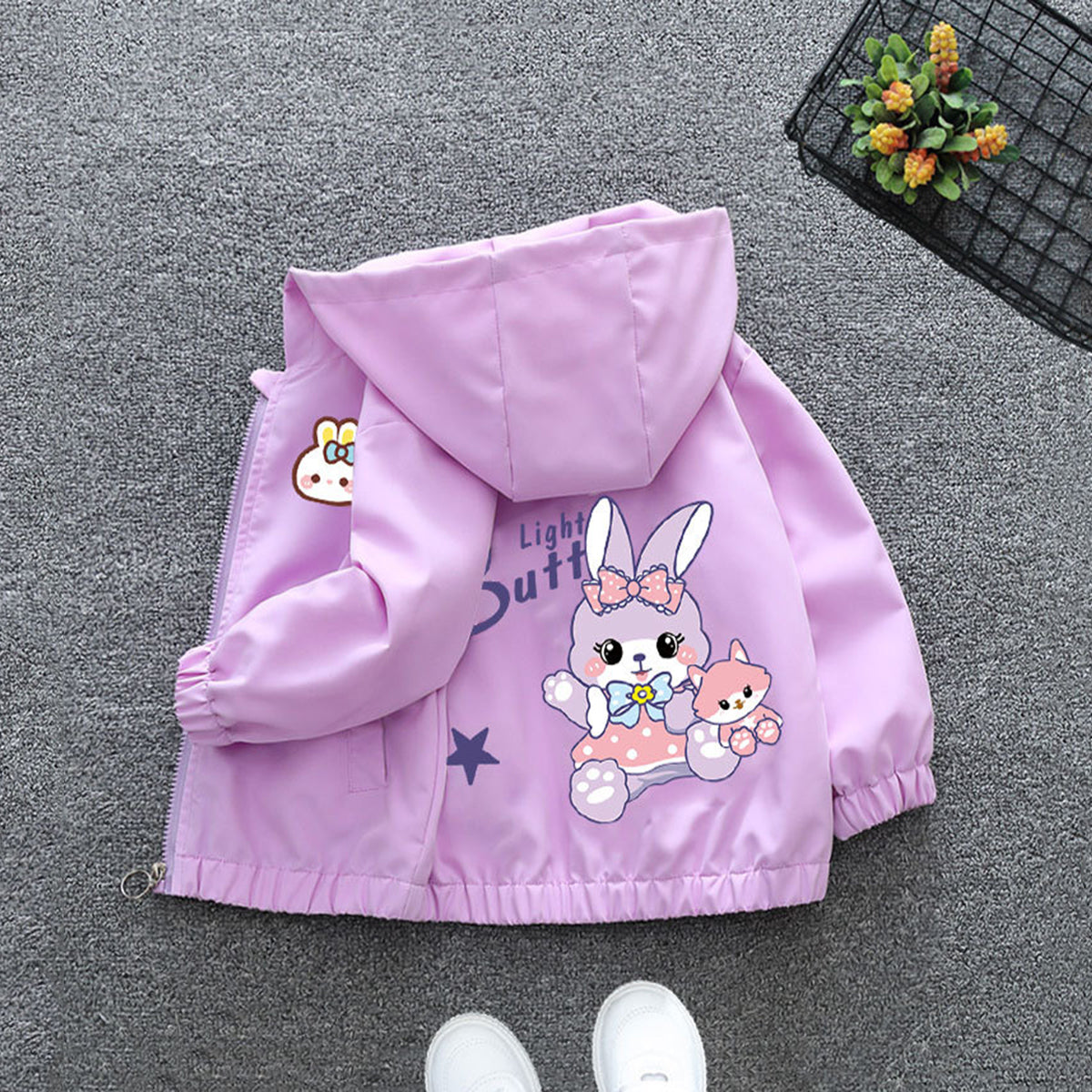Girls Purple Cute Rabbit Printed Front Open Hooded Jacket Coats & Jackets   