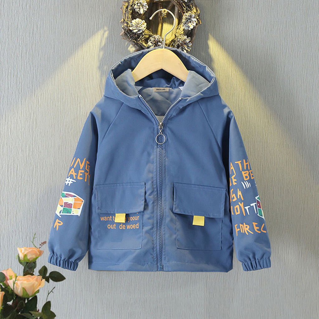 Boys Blue Raglan Sleeve Hooded Printed Jacket Coats & Jackets Blue 1-2 Y 