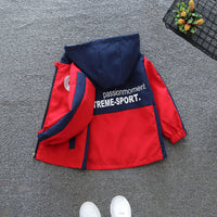 Boys Red Printed Front Open Hooded Trendy Jacket With Side Pockets Coats & Jackets   