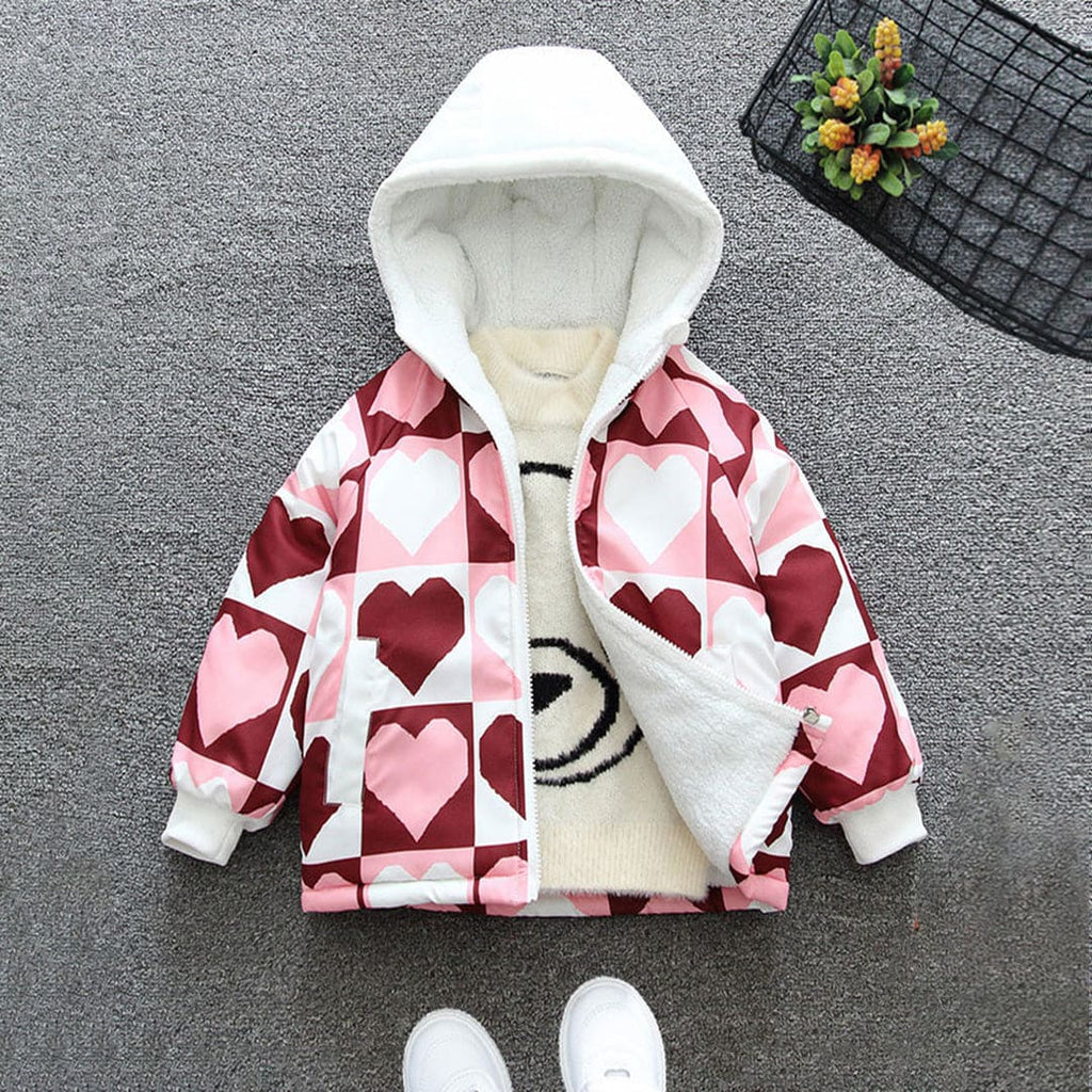 Girls Red Hooded Heart Print Full Sleeves Fleece Lined Jacket Coats & Jackets Pink 1-2 Y 