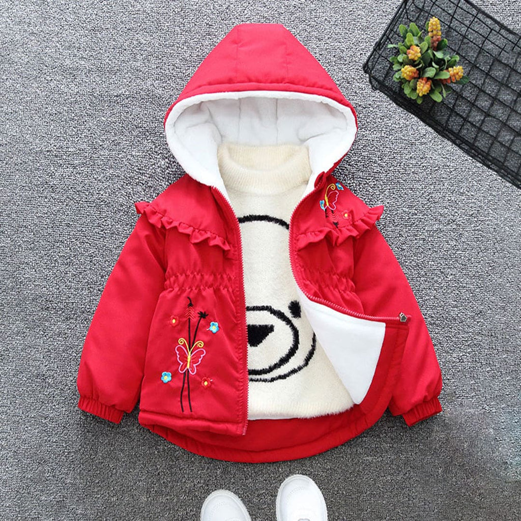 Girls Red Hooded Embroidered Elasticated Waist Fleece Lined Jacket Coats & Jackets Red 1-2 Y 