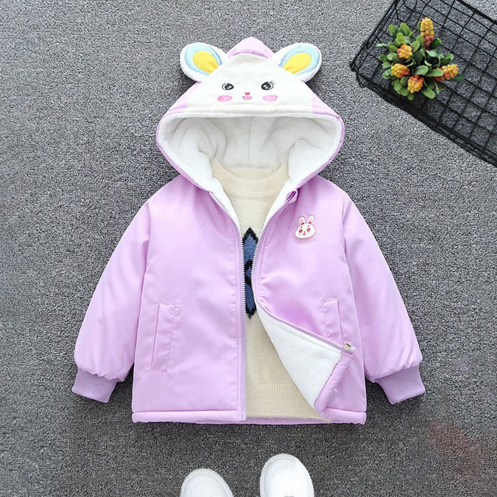 Girls Purple Rabbit Embroidered Hooded Fleece Lining Jacket Coats & Jackets Purple 1-2 Y 