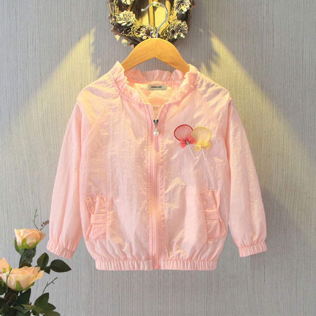 Girls Peach Balloon Embroidered Front Open Thin Jacket Coats & Jackets Peach 1-2 Y 