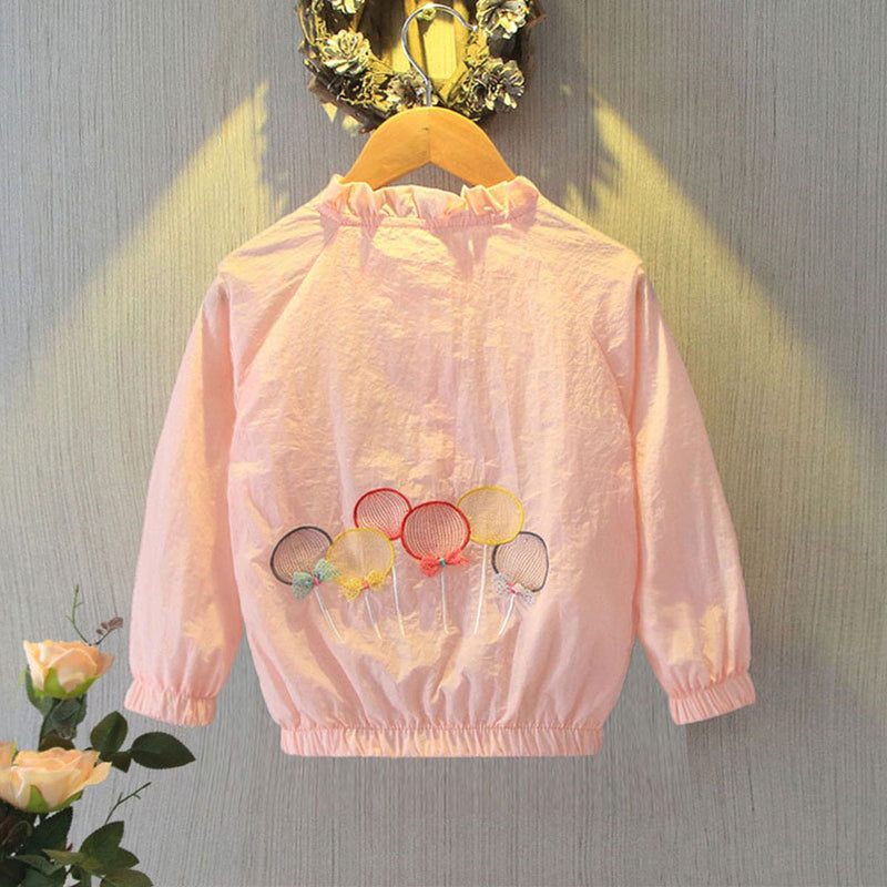 Girls Peach Balloon Embroidered Front Open Thin Jacket Coats & Jackets   