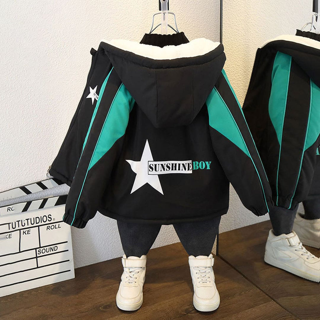 Boys Green Hooded Star Print Fleece Jacket Coats & Jackets   
