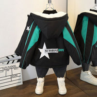 Boys Green Hooded Star Print Fleece Jacket Coats & Jackets   
