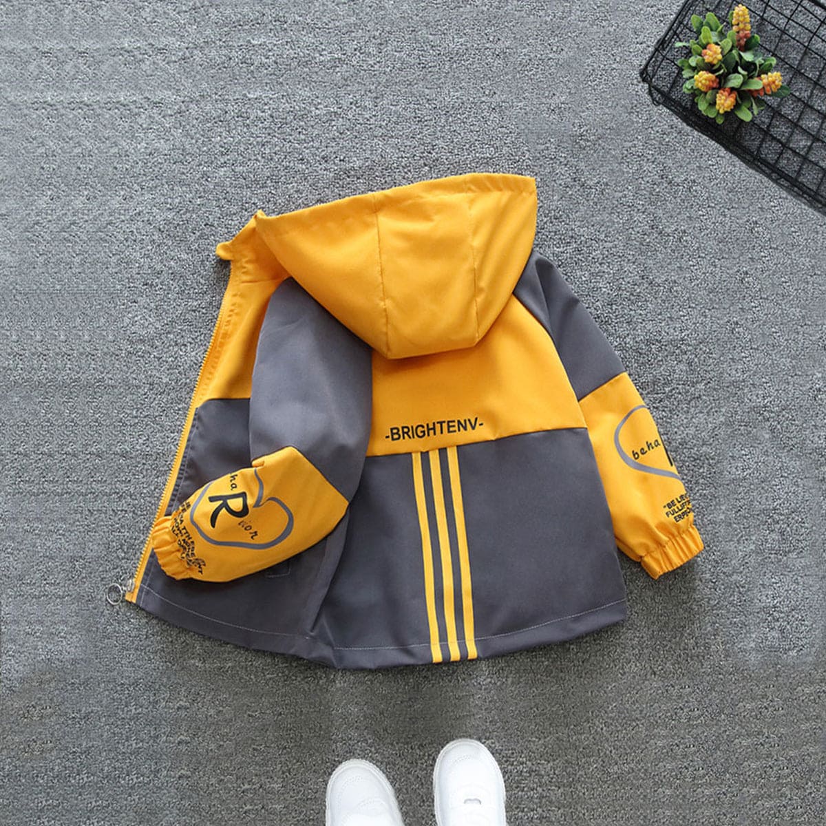 Boys Yellow Windbreaker Hooded Jacket With Side Pockets Coats & Jackets   