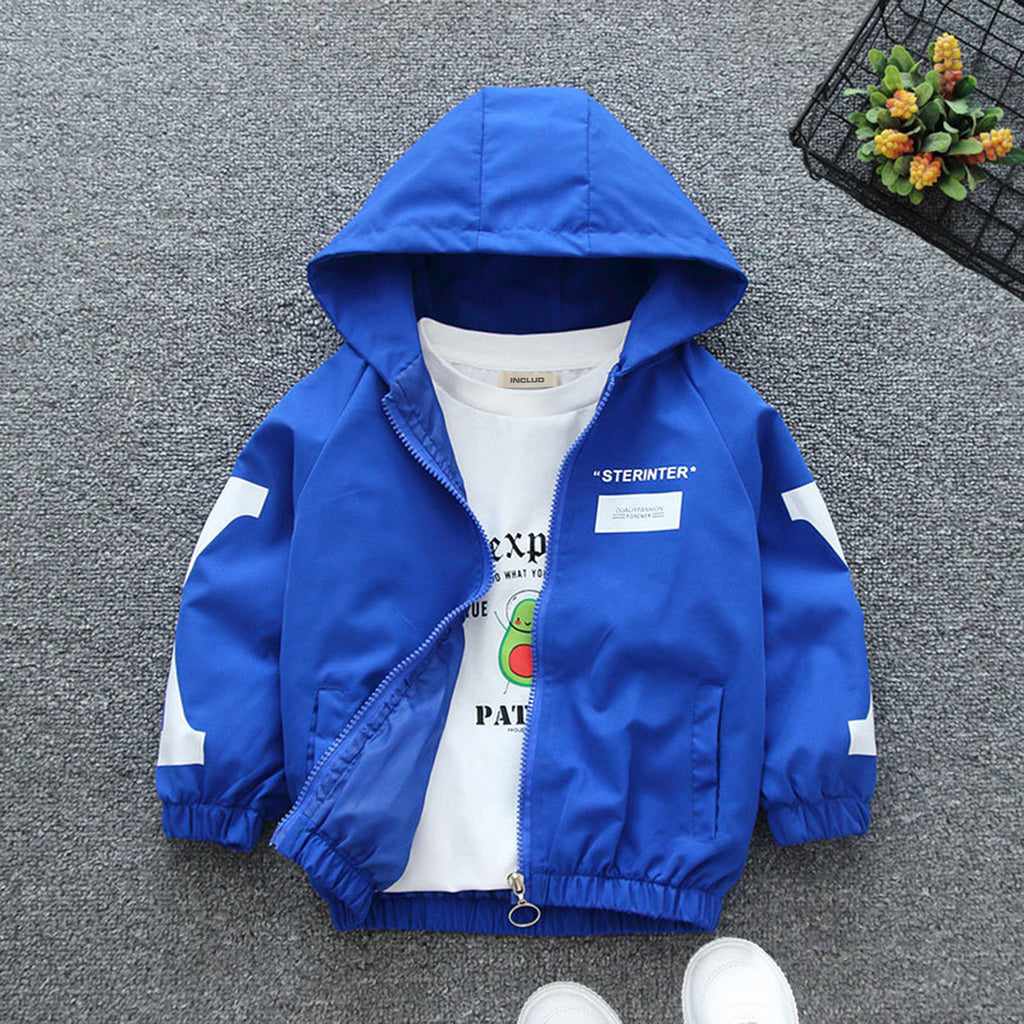 Boys Blue Printed Front Open Trendy Hooded Jacket With Side Pockets Coats & Jackets Blue 1-2 Y 