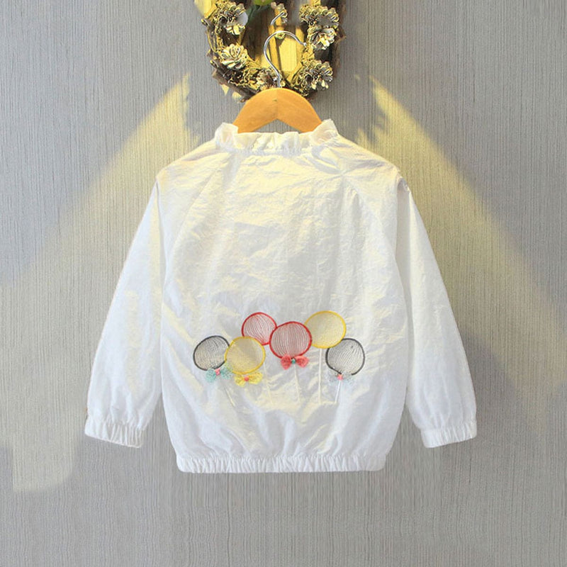 Girls White Balloon Embroidered Front Open Thin Jacket Coats & Jackets   