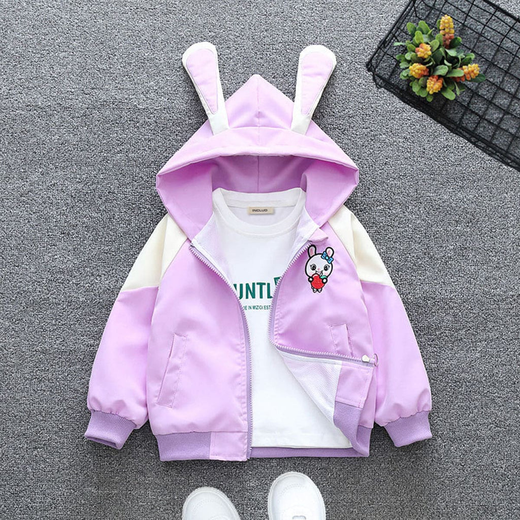 Girls Purple Printed Front Open Bunny Ear Hooded Jacket Coats & Jackets Purple 1-2 Y 