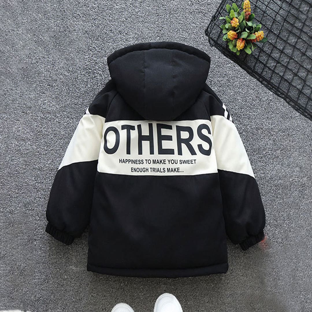 Boys White Hooded Full Sleeves Fleece Lined Jacket Coats & Jackets   