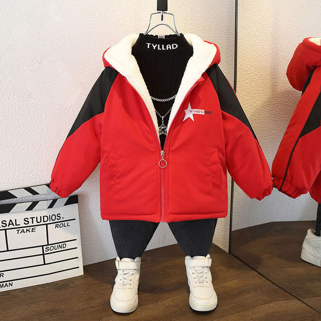 Boys Red Hooded Star Print Fleece Lined Jacket Coats & Jackets Red 1-2 Y 