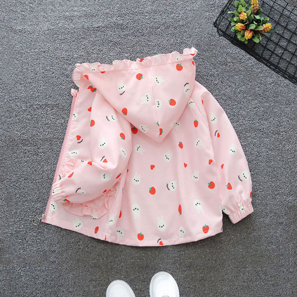 Girls Pink Strawberry Print Long Sleeve Hooded Jackets Coats & Jackets   