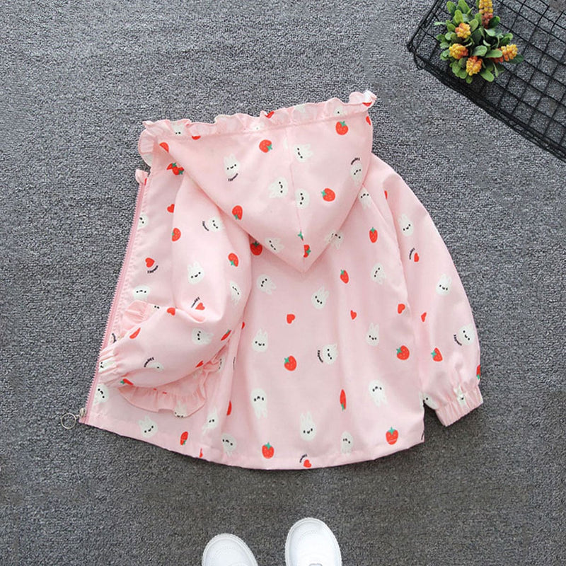 Girls Pink Strawberry Print Long Sleeve Hooded Jackets Coats & Jackets   
