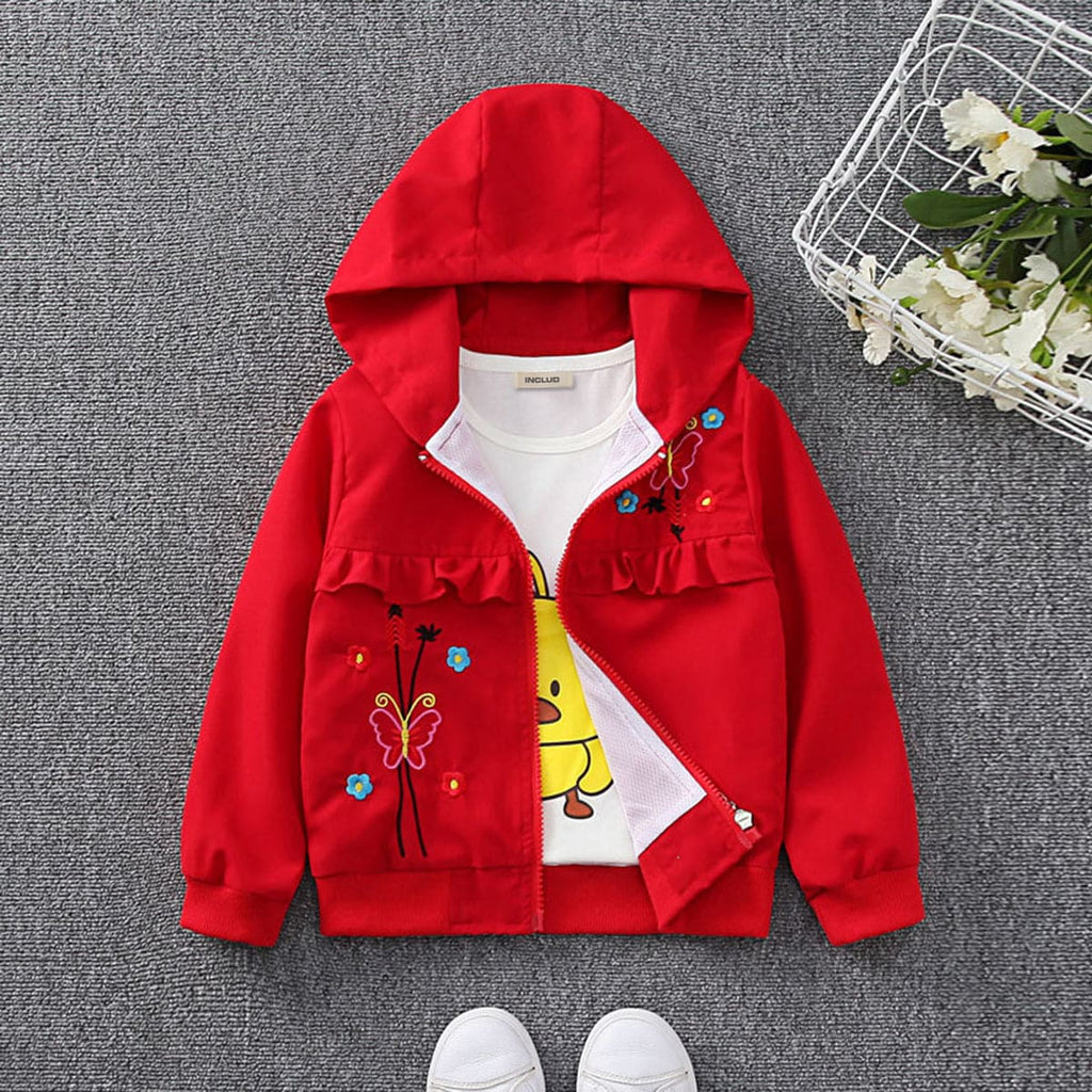 Girls Red Butterfly Embroidered Hooded Ruffled Trendy Jacket Coats & Jackets Red 1-2 Y 