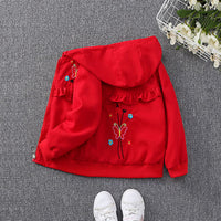 Girls Red Butterfly Embroidered Hooded Ruffled Trendy Jacket Coats & Jackets   