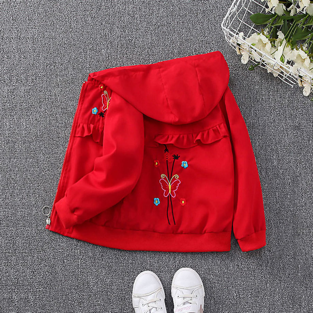 Girls Red Butterfly Embroidered Hooded Ruffled Trendy Jacket Coats & Jackets   