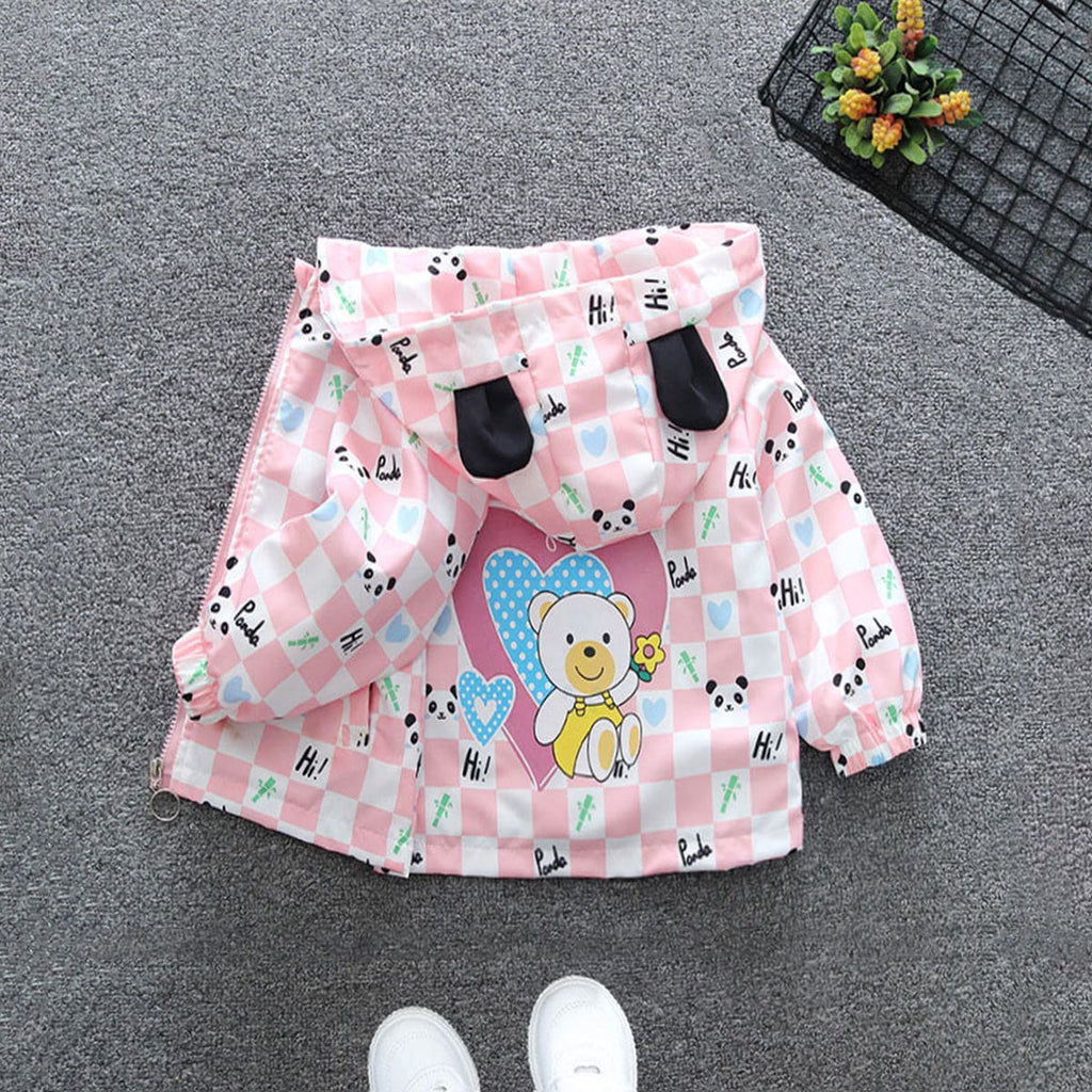 Girls Pink Panda Printed Front Open Hooded Trendy Jacket Coats & Jackets   