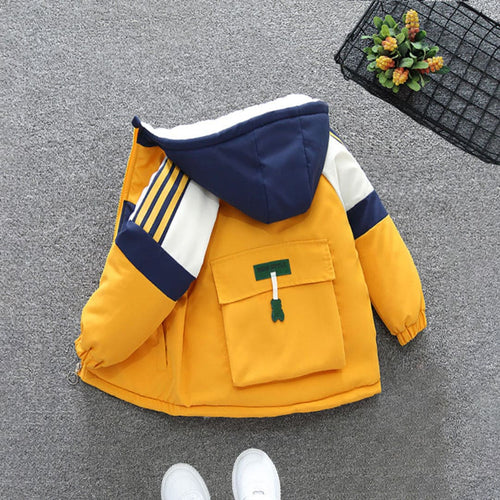 Boys Yellow Color-blocked Back Pocket Fleece Lined Jacket Coats & Jackets   