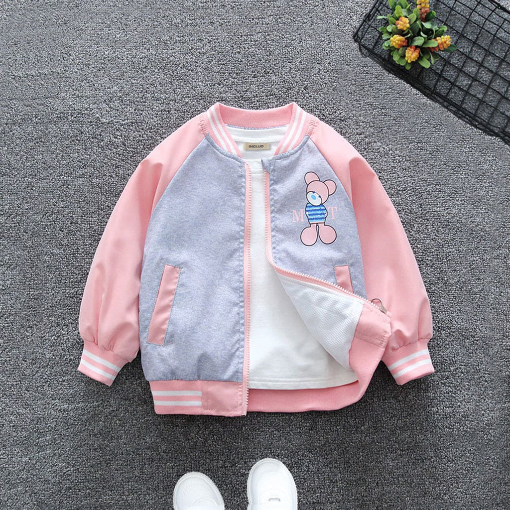 Girls Pink Bear Printed Stand Up Collar Front Open Fashion Jacket Coats & Jackets Pink 1-2 Y 