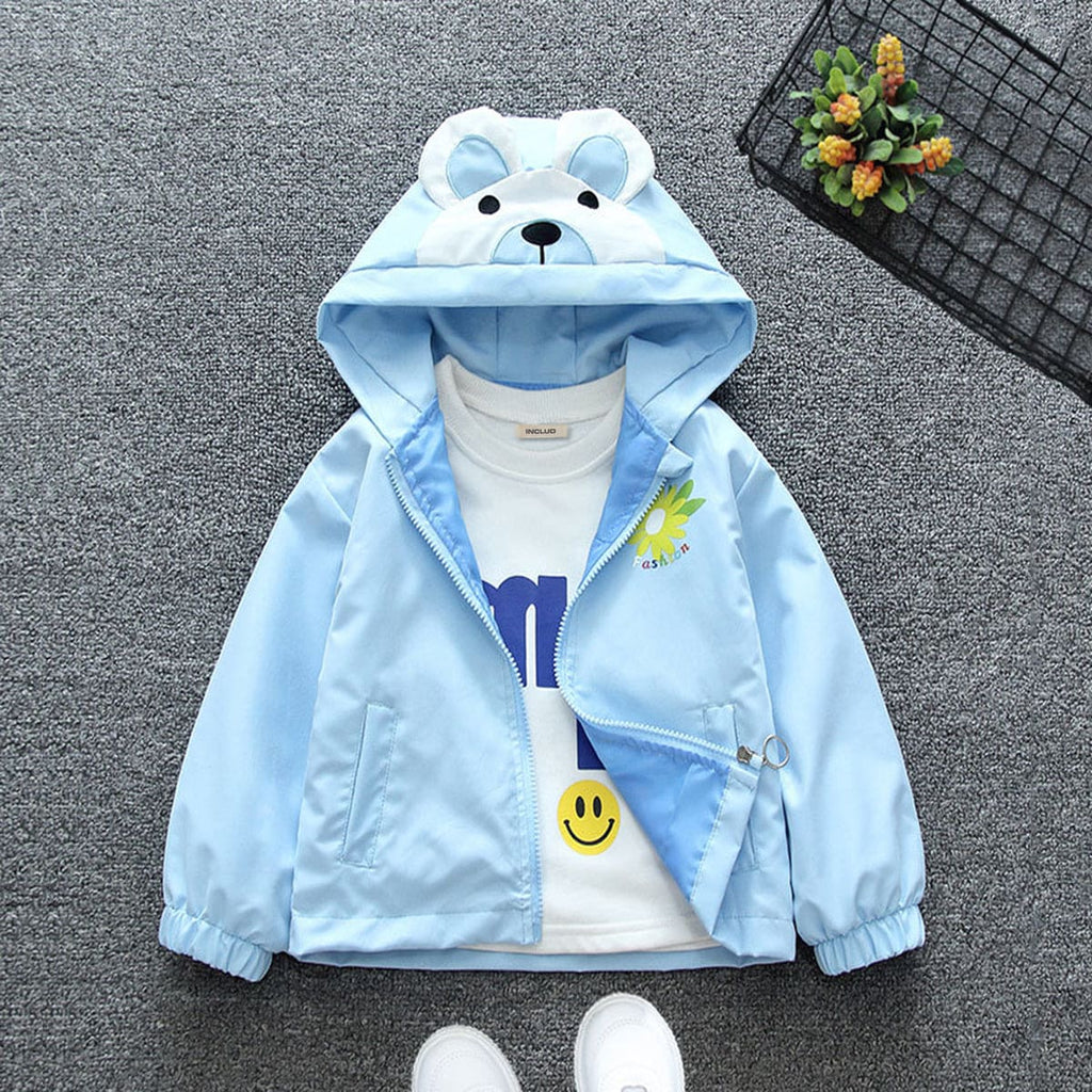 Girls Blue Bear Shaped Hooded Front Open Cute Trendy Jacket Coats & Jackets Blue 1-2 Y 