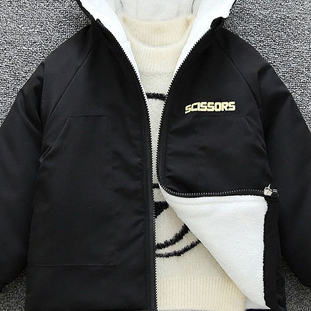 Boys Black Hooded Long Sleeves Fleece Lined Jacket Coats & Jackets   