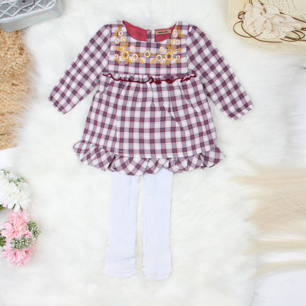 Girls Multicolor Floral Embroidery Check Dress With Stocking Casual Dresses Multicolor 0-3 M 