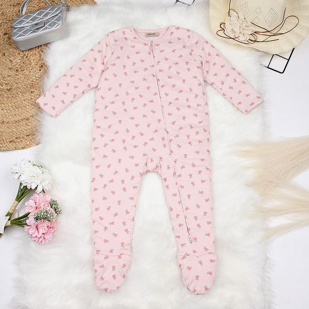 Girls Pink Floral Printed Full Sleeves Jumpsuit Jumpsuits Pink 3-6 M 