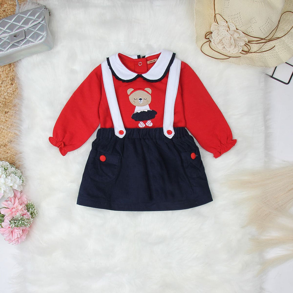 Girls Red Patchwork Full Sleeves T-shirt with Suspender Skirt Set Sets Red 3-6 M 