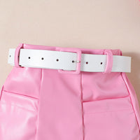 Girls Pink Rib Sleeves High Neck Top With Pu Leather Skirt Set Sets