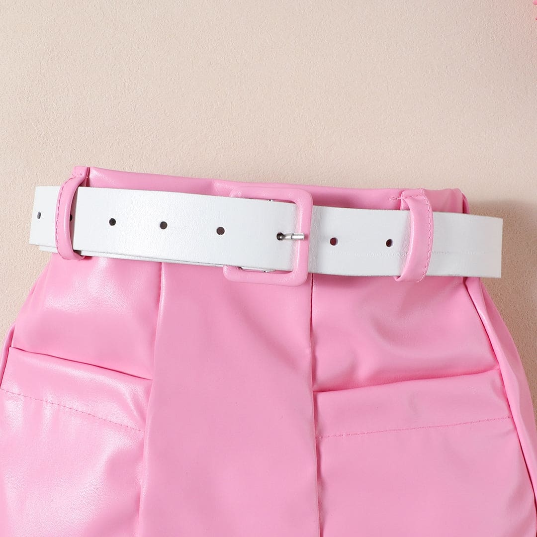 Girls Pink Rib Sleeves High Neck Top With Pu Leather Skirt Set Sets