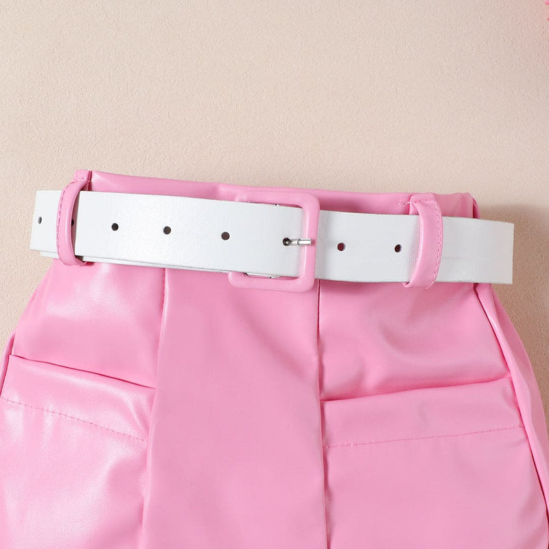 Girls Pink Rib Sleeves High Neck Top With Pu Leather Skirt Set Sets