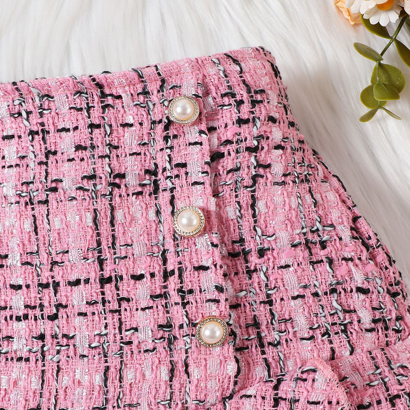 Girls Pink Long Sleeves Top With Checked Skirt & Hat Set Sets   