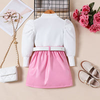 Girls Pink Rib Sleeves High Neck Top With Pu Leather Skirt Set Sets
