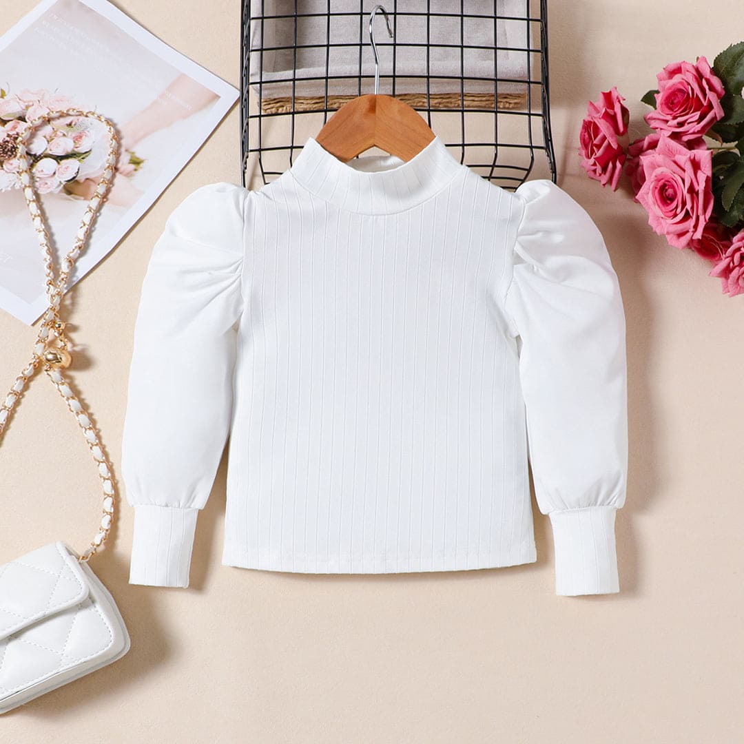 Girls Pink Rib Sleeves High Neck Top With Pu Leather Skirt Set Sets