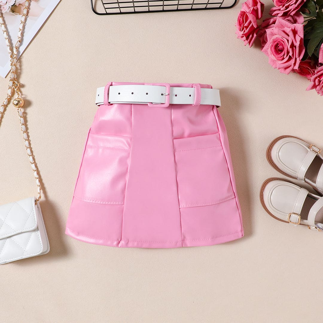 Girls Pink Rib Sleeves High Neck Top With Pu Leather Skirt Set Sets