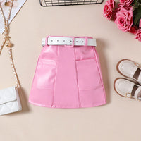 Girls Pink Rib Sleeves High Neck Top With Pu Leather Skirt Set Sets
