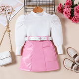 Girls Pink Rib Sleeves High Neck Top With Pu Leather Skirt Set