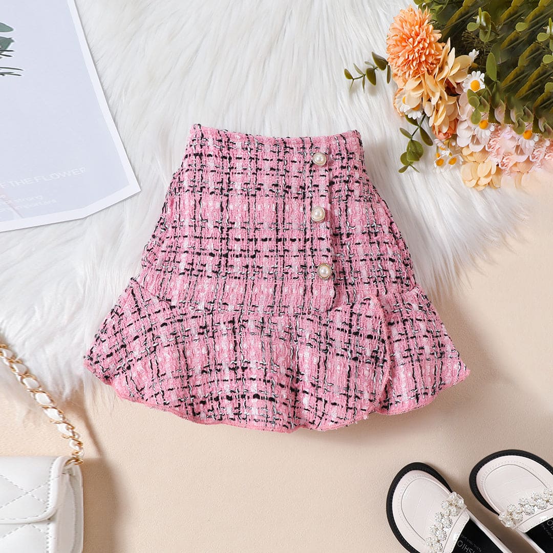 Girls Pink Long Sleeves Top With Checked Skirt & Hat Set Sets   