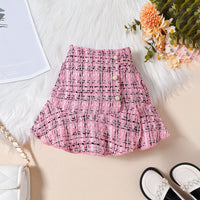 Girls Pink Long Sleeves Top With Checked Skirt & Hat Set Sets   