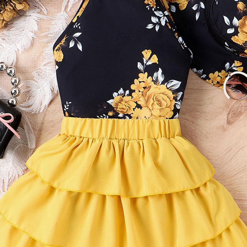 Girls Yellow Floral Print Halter Neck Top With Layered Skirt & Hat Set Sets   